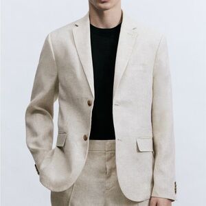 NWT H&M Linen Blend Slim Fit Blazer Jacket in Light Beige Men’s Size 42R